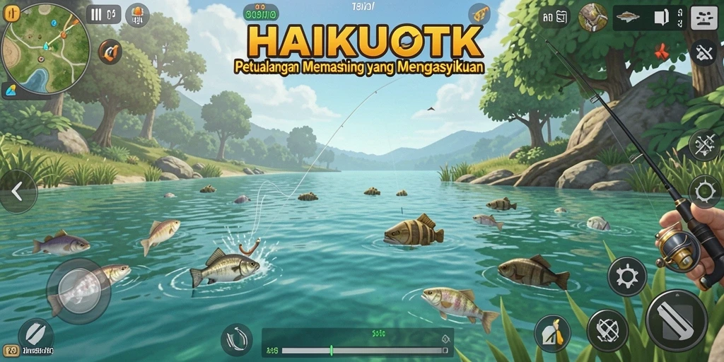 Tampilan gameplay HAIKUOTK yang menawan di lokasi memancing.