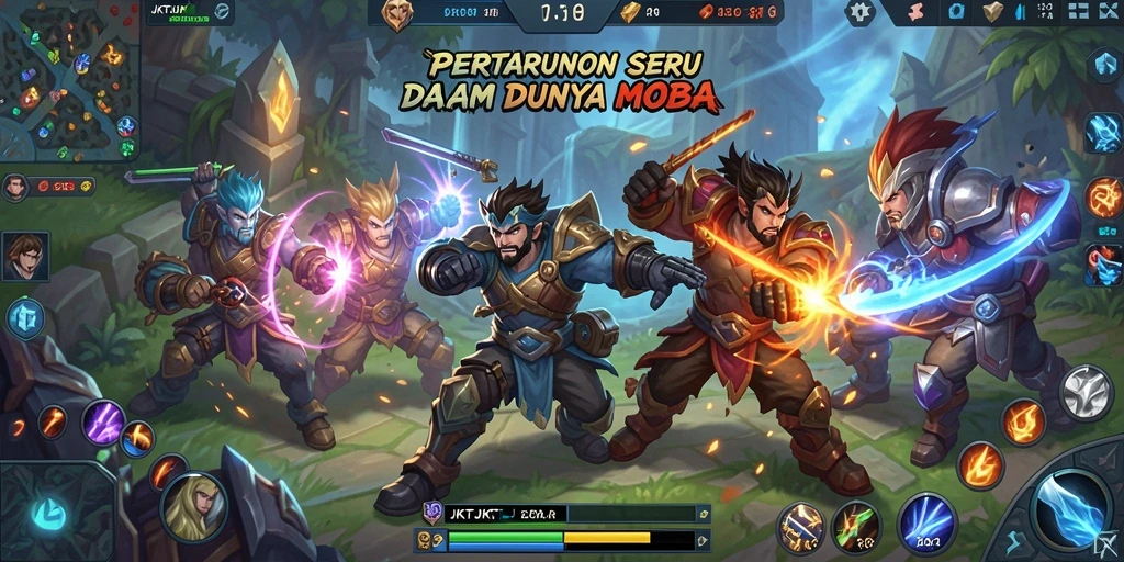 Screenshot utama JKTJKT menunjukkan pertempuran intens di arena MOBA.