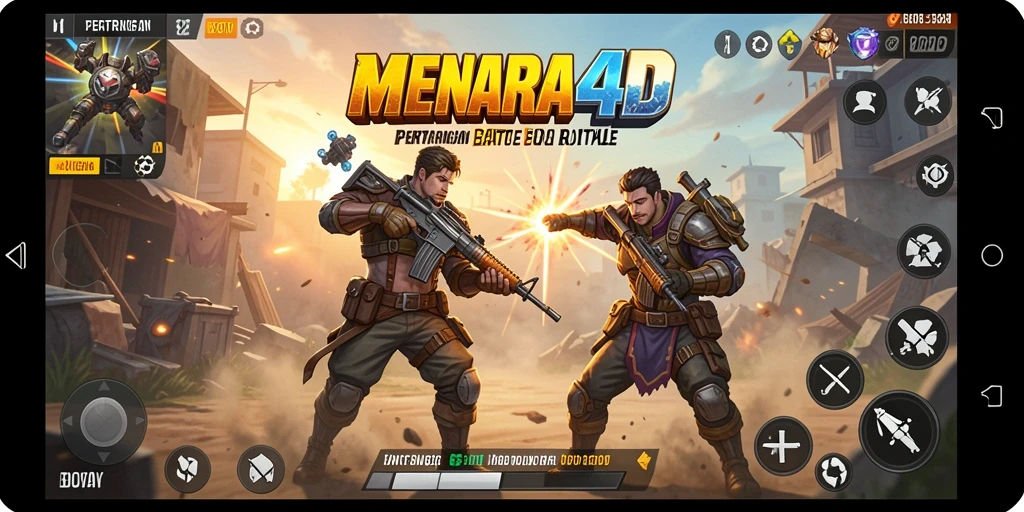 Screenshot utama MENARA4D menampilkan aksi Battle Royale yang mendebarkan.