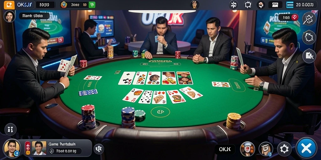 Tampilan gameplay seru poker di OKJK dengan antarmuka menarik.