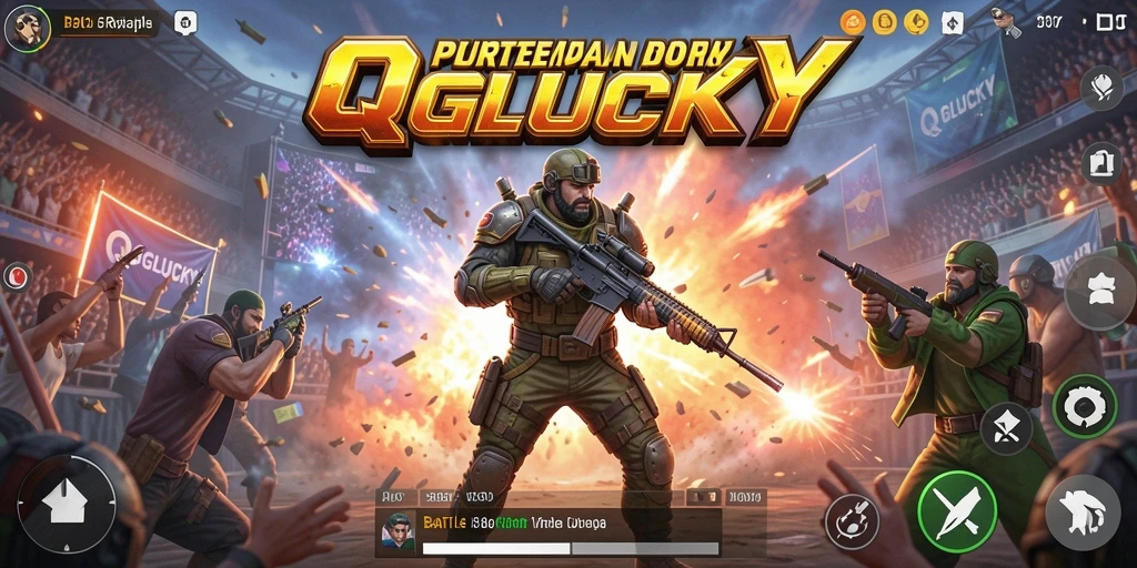 Screenshot QGLUCKY menampilkan aksi pertempuran seru di arena Battle Royale.
