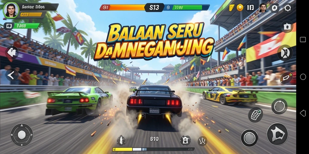 Screenshot menunjukkan aksi balap yang mendebarkan dan menegangkan.