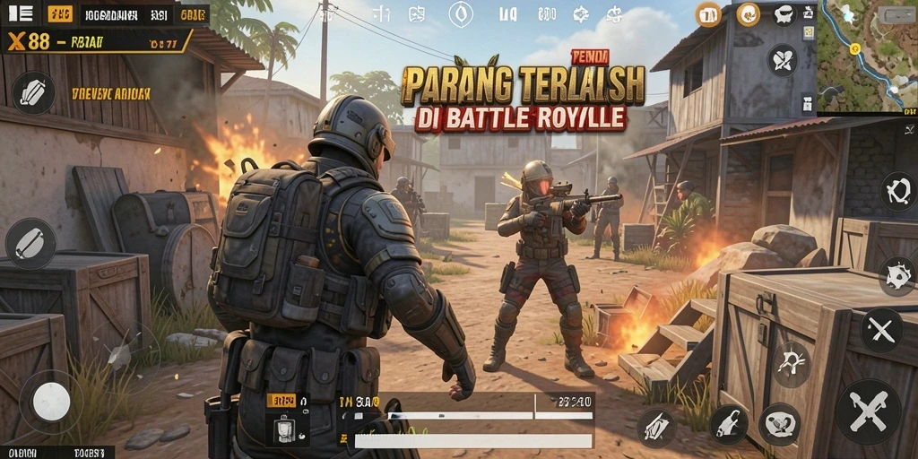 Tangkapan layar X88 menampilkan aksi pertempuran seru dalam permainan Battle Royale.